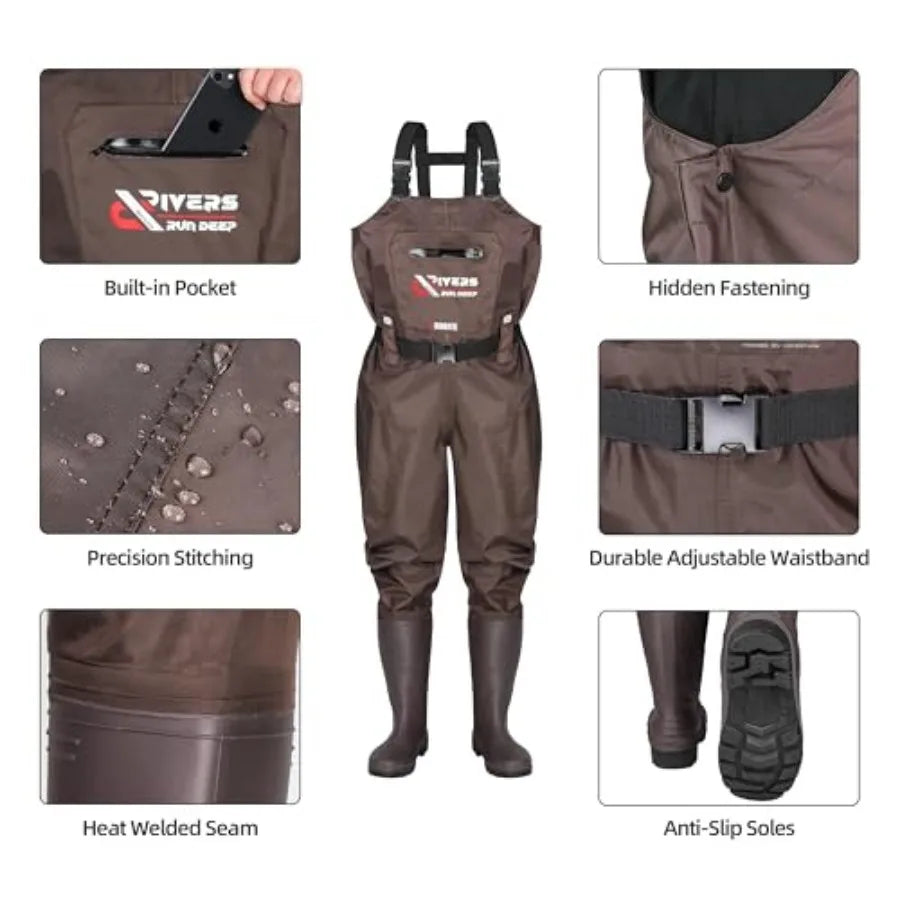 Upgraded 210D Nylon Chest Waders with Boots - Waterproof PVC Fishing and Hunting Waders for Men, Breathable Wading Gear