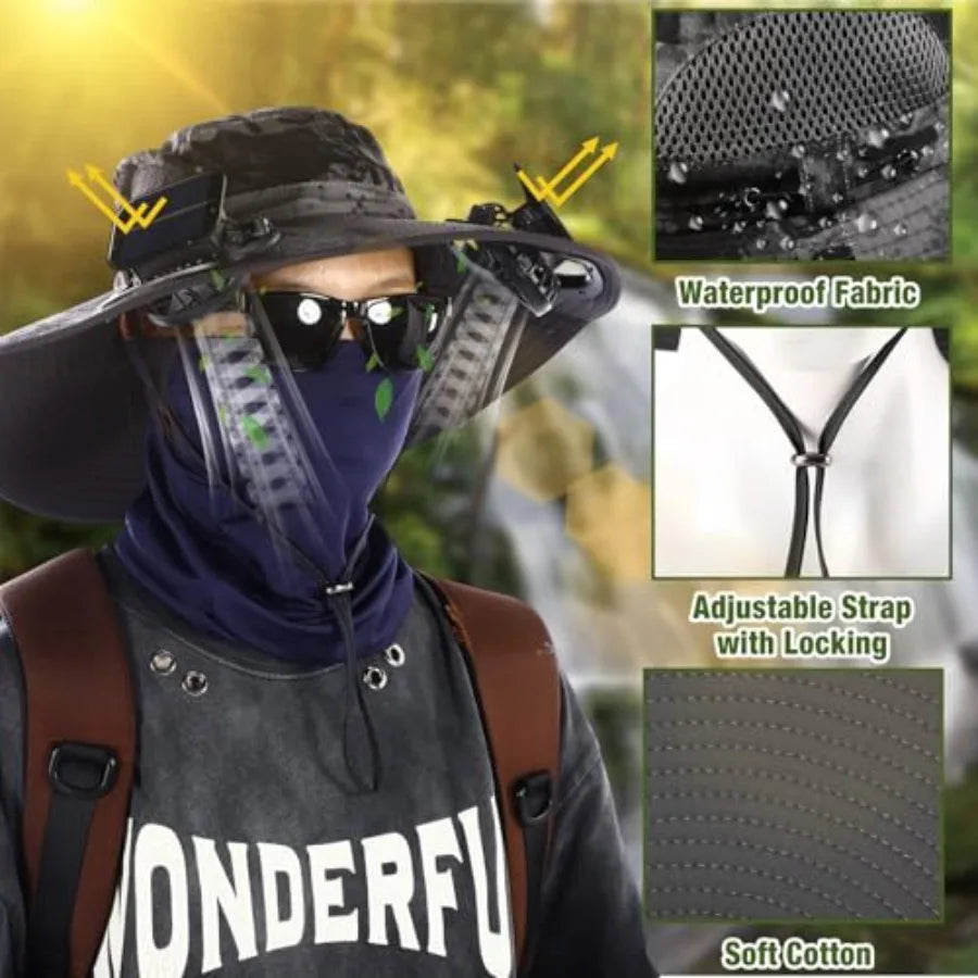 Outdoor fishing hat with wide brim, polyester fabric, black color, solar-powered USB fans and included arm sleeves neck gaiter