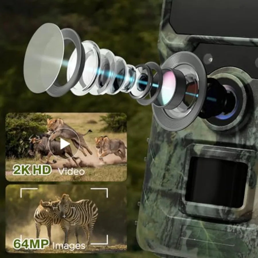 Cellular Trail Camera for outdoor wildlife monitoring, solar-powered 64MP 2K HD with 4G LTE live streaming, black night vision