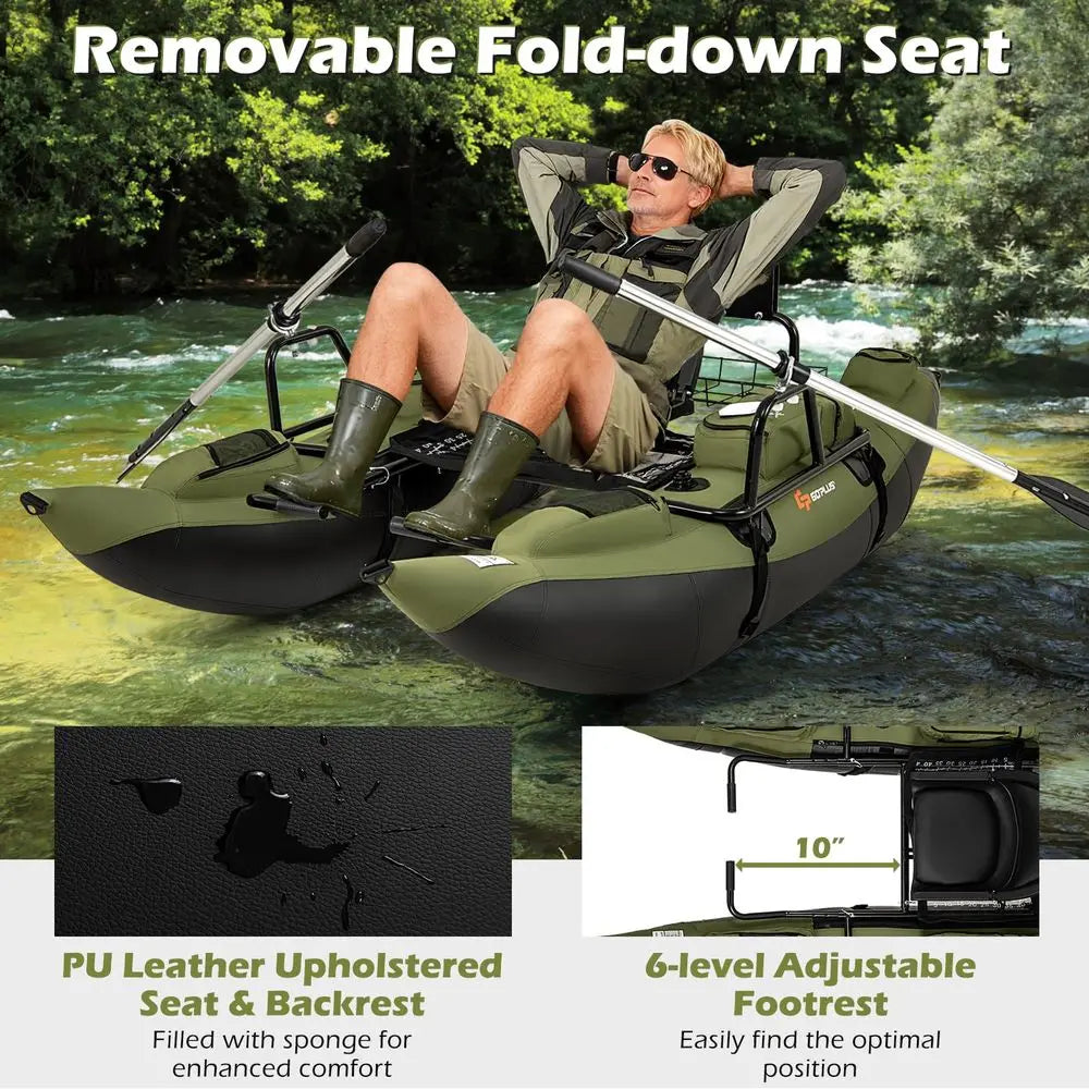Inflatable Fishing Float Tube, Pontoon Boat w Foldable Padded Seat, Adjustable Footrest, Pump, Paddles, Fish Ruler, Storage Bas