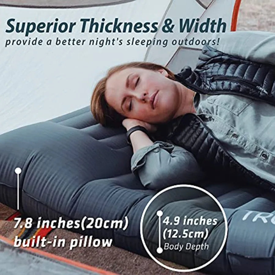 Camping sleeping pad inflatable mat with built-in pump, neck-support pillow, 4.9 thickness, ultralight, 73.2x29.9, premium nylo