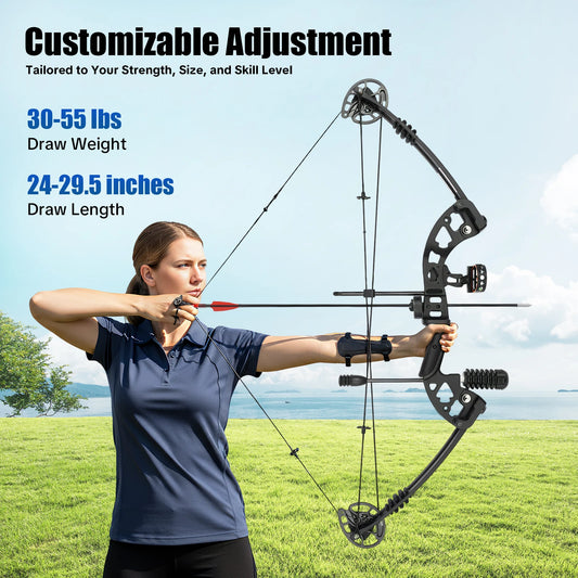 Battleship Professional Compound Pulley Bow, 30-55lbs Adjustable Draw Weight, 24-29.5in Draw Length, Right Hand Archery Bow with 12 Arrows & Complete Accessories for Training & Competition