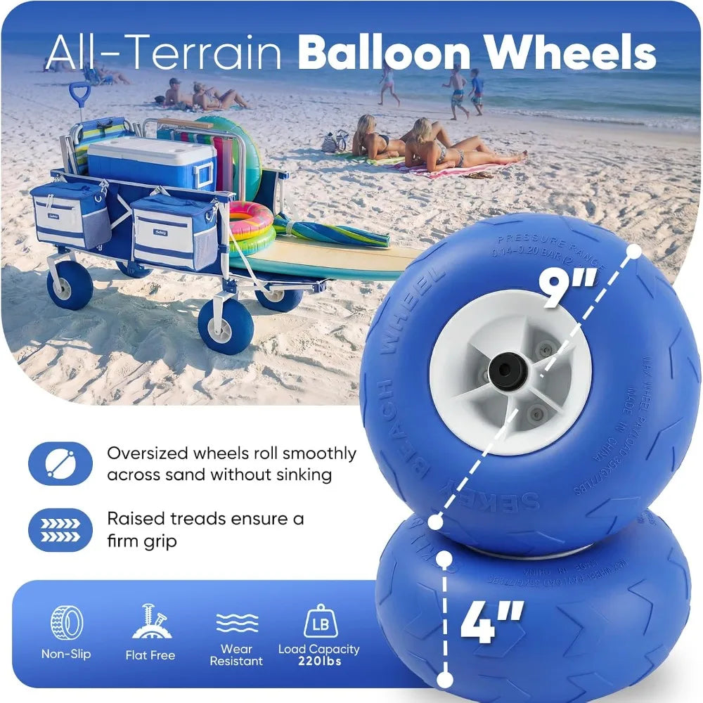 Heavy Duty Beach Wagon with 9" Sand-Proof Wheels, 300L Foldable Cart, Adjustable Handle, Cooler Bag for Camping