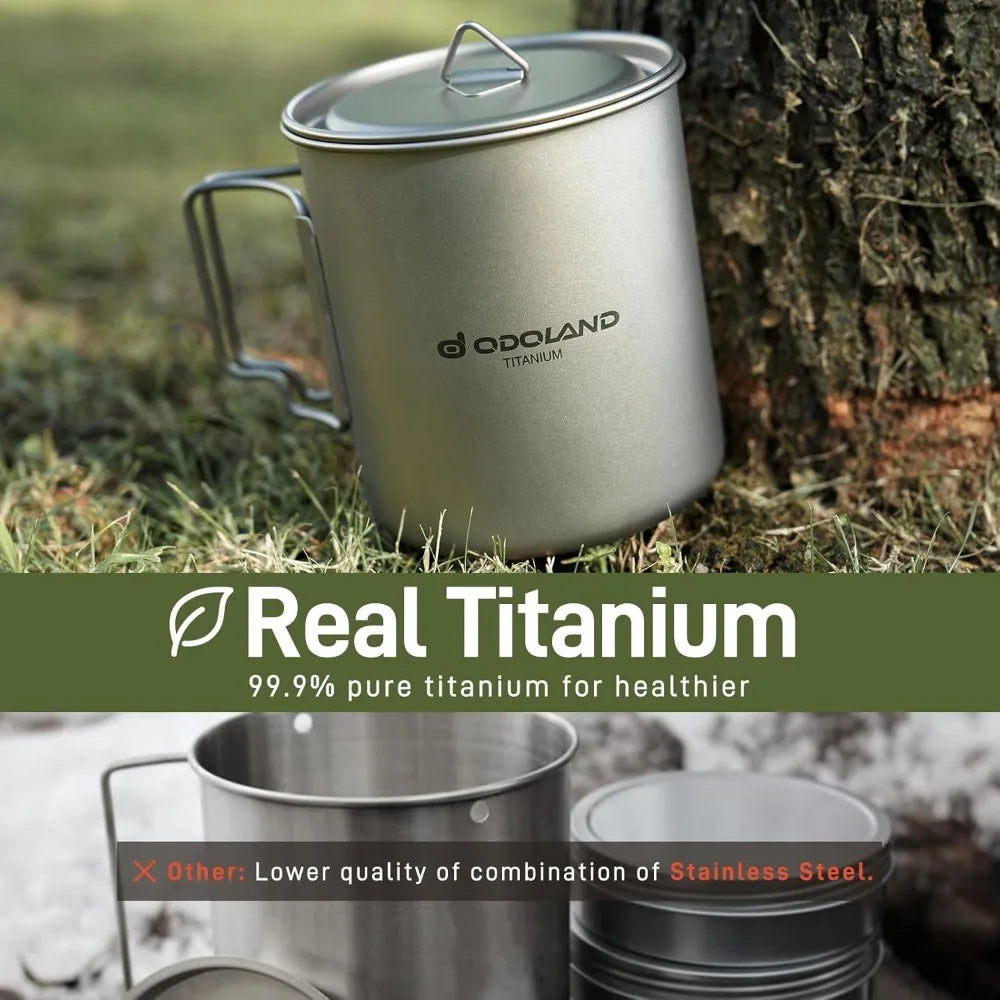 Titanium Camping Cookware Set 420ml & 750ml Pots with Lid and Spork Lightweight for Backpacking Hiking Travel