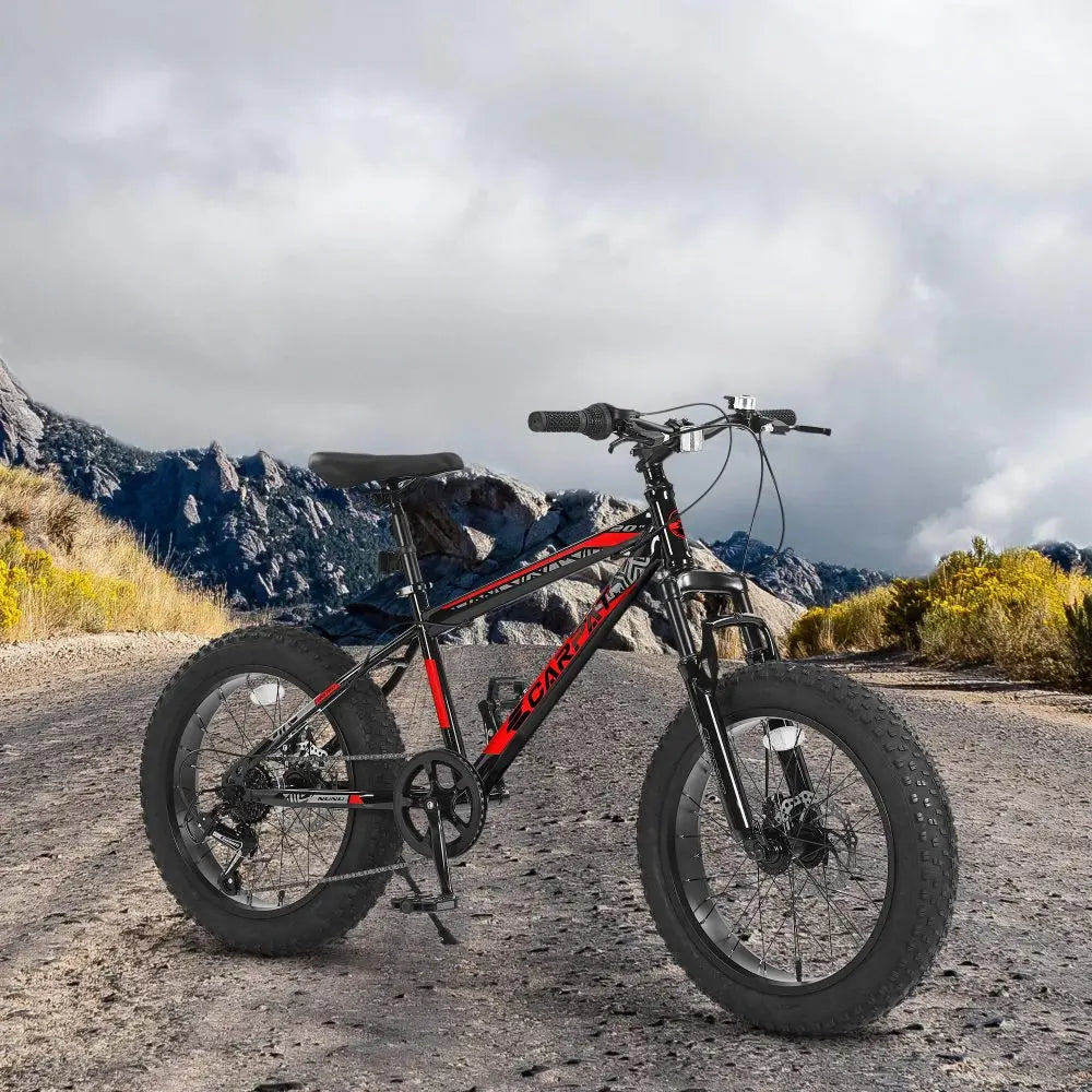 20 Inch Kids Teenagers Mountain Bike, High Carbon Steel Frame, Front Suspension & 7-Speed Drivetrain, Front & Rear Disc Brakes, Wear-Resistant Wide Tires for Off-Road & Snow Riding