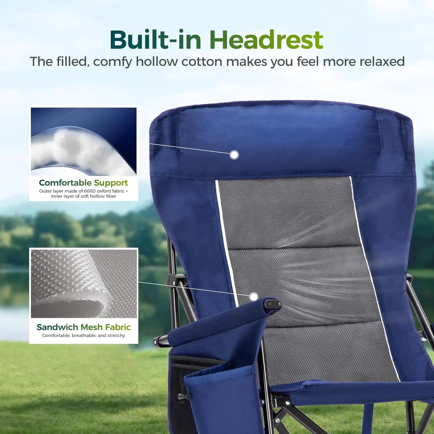 Oversized Folding Camping Chair High Back Heavy Duty 500 LBS Capacity with Cup Holder Side Pocket Portable for Outdoor