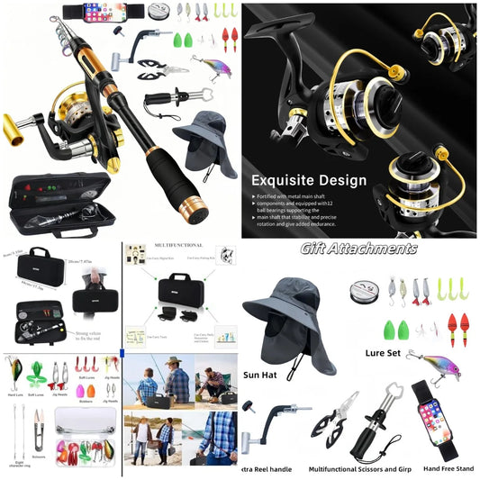 Portable Fishing Spinning Rod and Combo Set Carbon Fiber Fluorescent Rod Tip, with Fishing Lures Line
