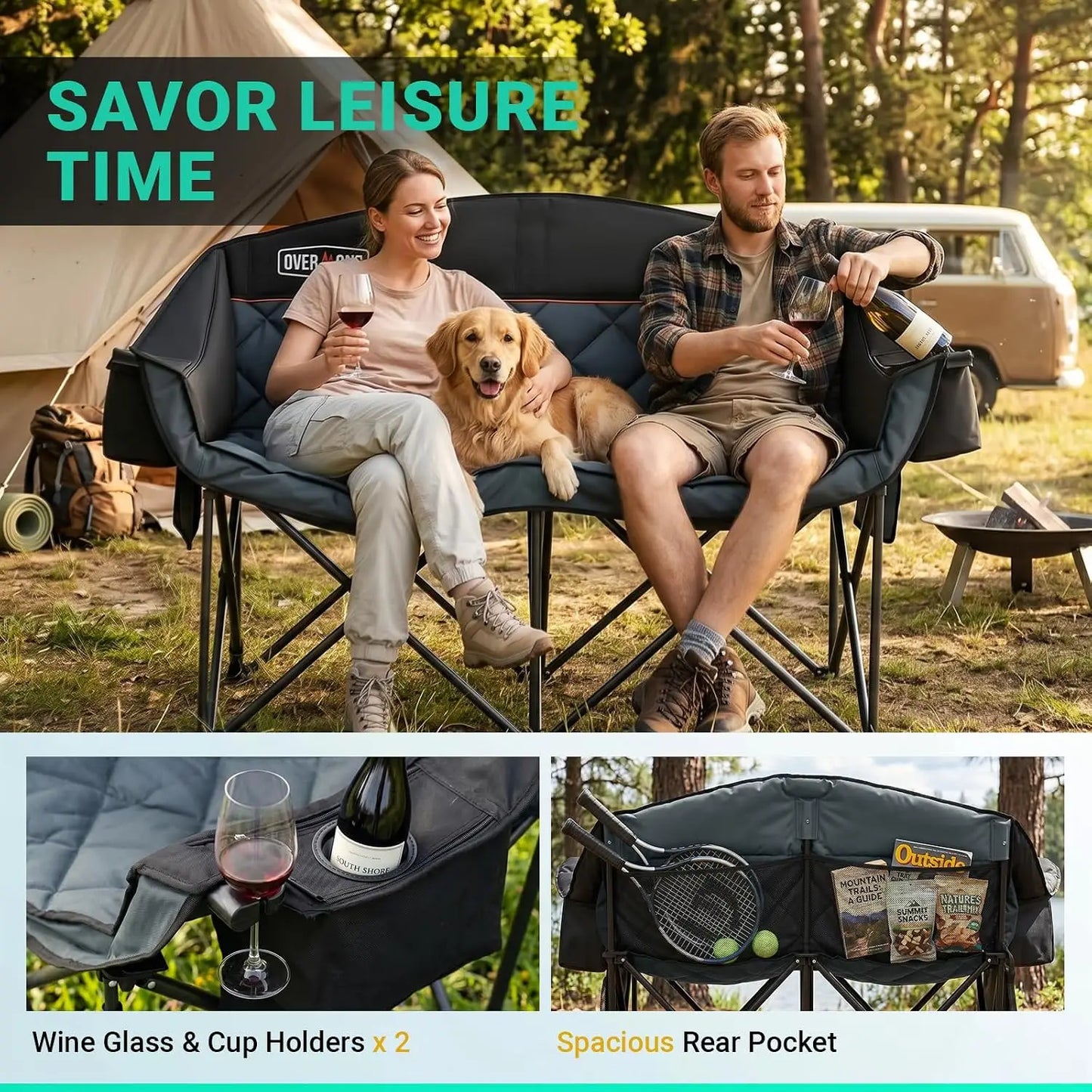 Oversized Double Camping Chair with Cooler Bags, Padded 2 Person Loveseat 850LBS Capacity, Portable Folding for Outdoor Beach Lawn