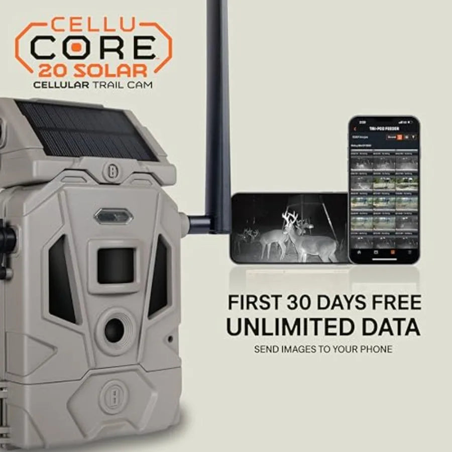 Solar trail camera for hunting, rugged ABS plastic body in black, ultra-low glow infrared night vision with 20MP photos and 108