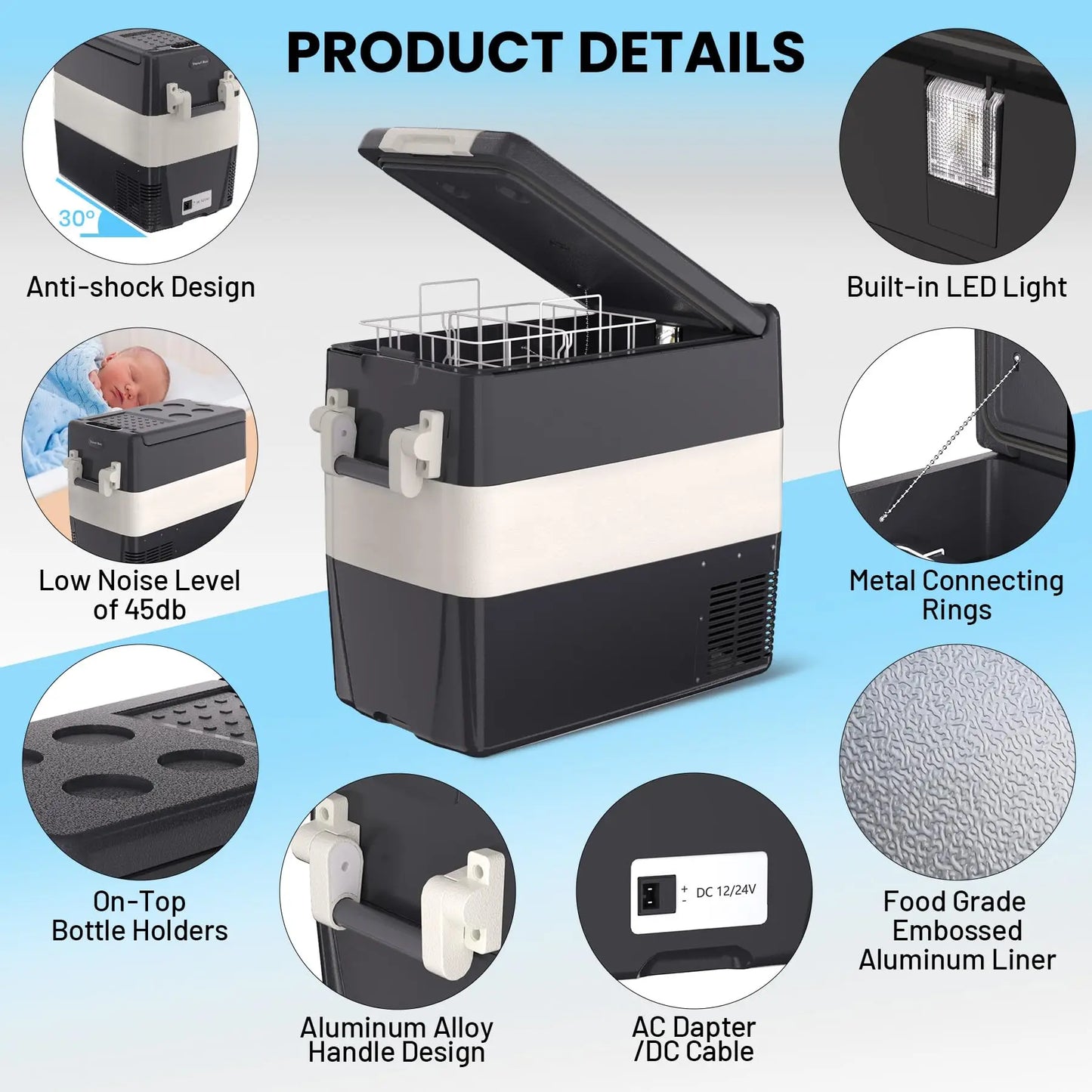 12 Volt Car Refrigerator, 52QT(50L) Electric Cooler, Portable Refrigerator 12V/24V DC 110-240V AC, Car Fridge 0℉~50℉, Portable Freezer with Basket for RV Boat Camping Outdoor Travel