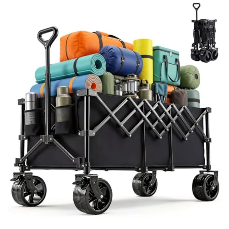 Collapsible Wagon Cart for camping, shopping, sports, beach, garden heavy duty steel, black, 440lbs capacity, 49 extra long fol