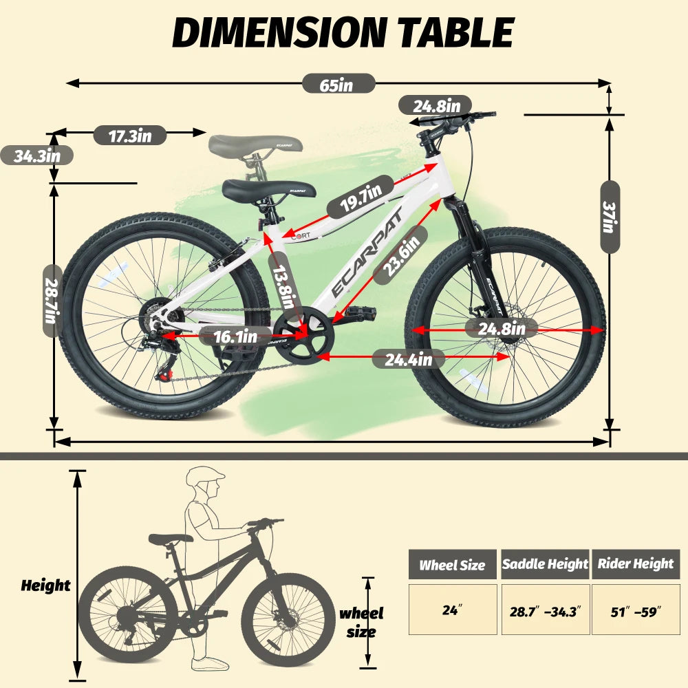 24 Inch Youth Mountain Bike with 7 Speeds & Front Suspension Durable Steel Frame, Alloy Rims & Disc Brakes For Boys and Girls in Multiple Colors