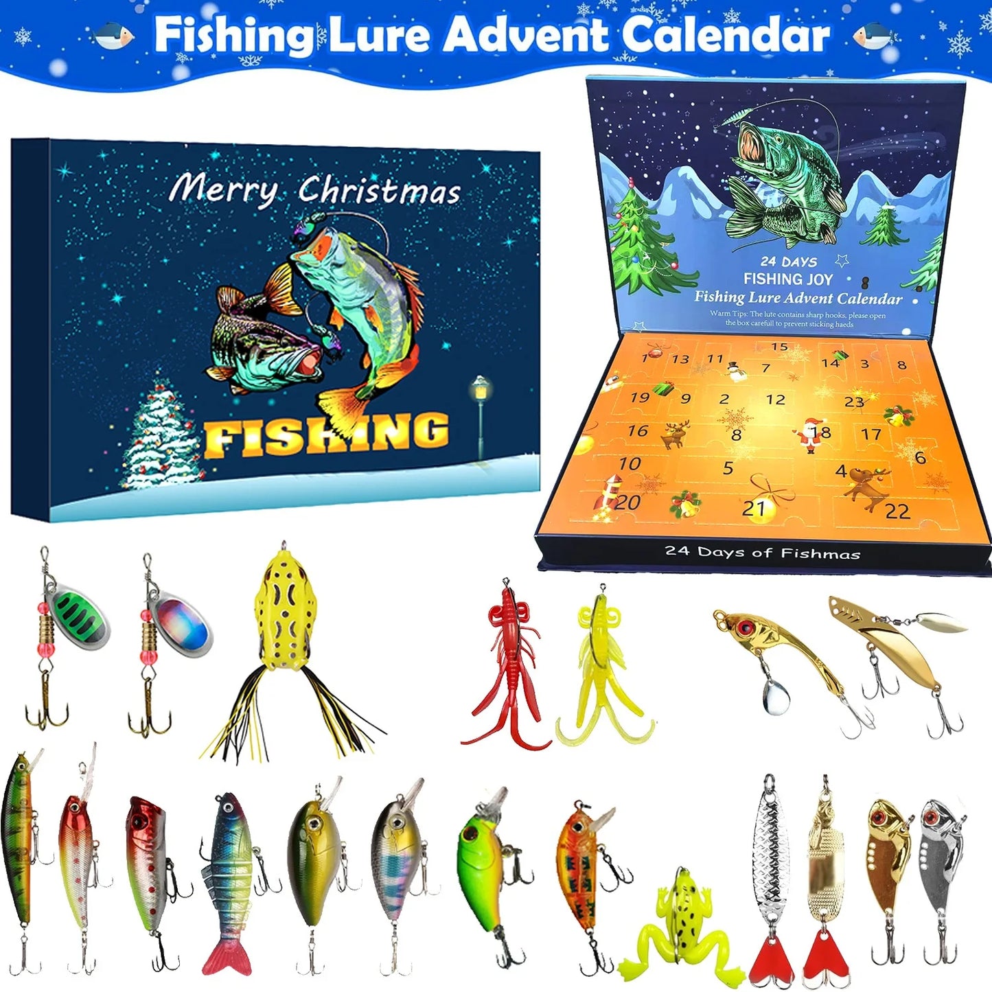 Fishing Lures, Fake Bait Set, 24-Compartment Design, 2025 Christmas Gift Calendar for Boys and Girls, 24-Day Christmas Countdown Calendar Hook Blind Box
