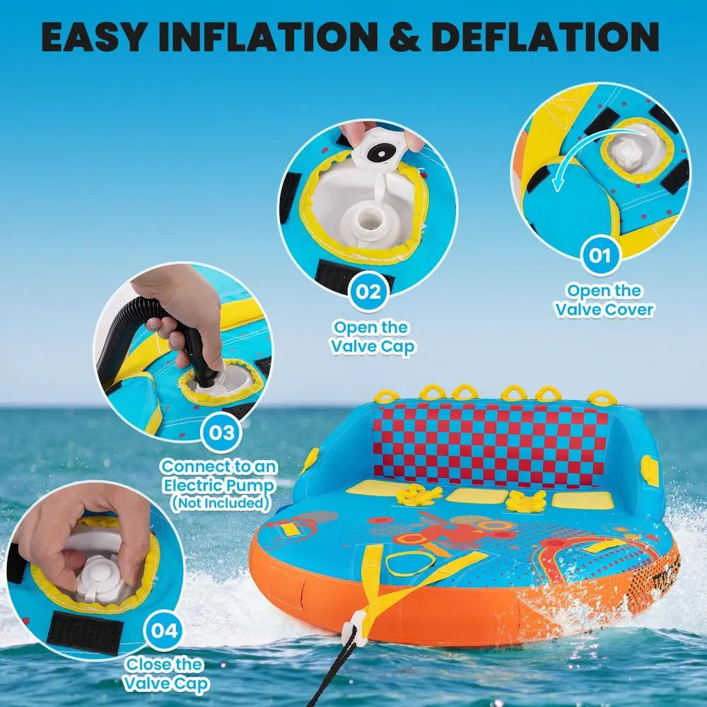 Towable Tube for Boating, 2 3 Riders Inflatable Boat Tube for Water Sports to Pull, Boat Tubes with EVA Seat Pads, Dual Tow Poi