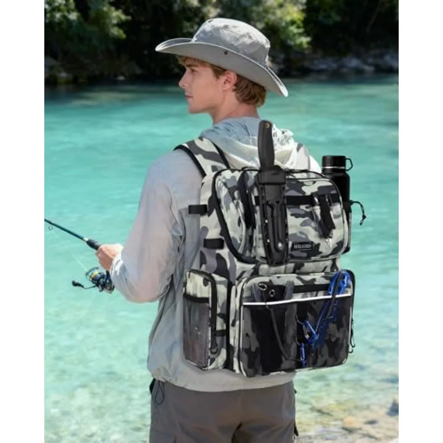 Fishing Backpack with Rod Holders, 43L Large Water Resistant Tackle Bag Storage Gear and Equipment with Cooler for Men Fishing,