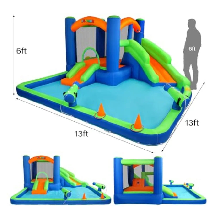 Inflatable Water Slide Bounce House for 3-6, 30s Blow Up Water Slide w/Basketball Hoop, Water Cannon, Ring-Toss Game, Inflatabl