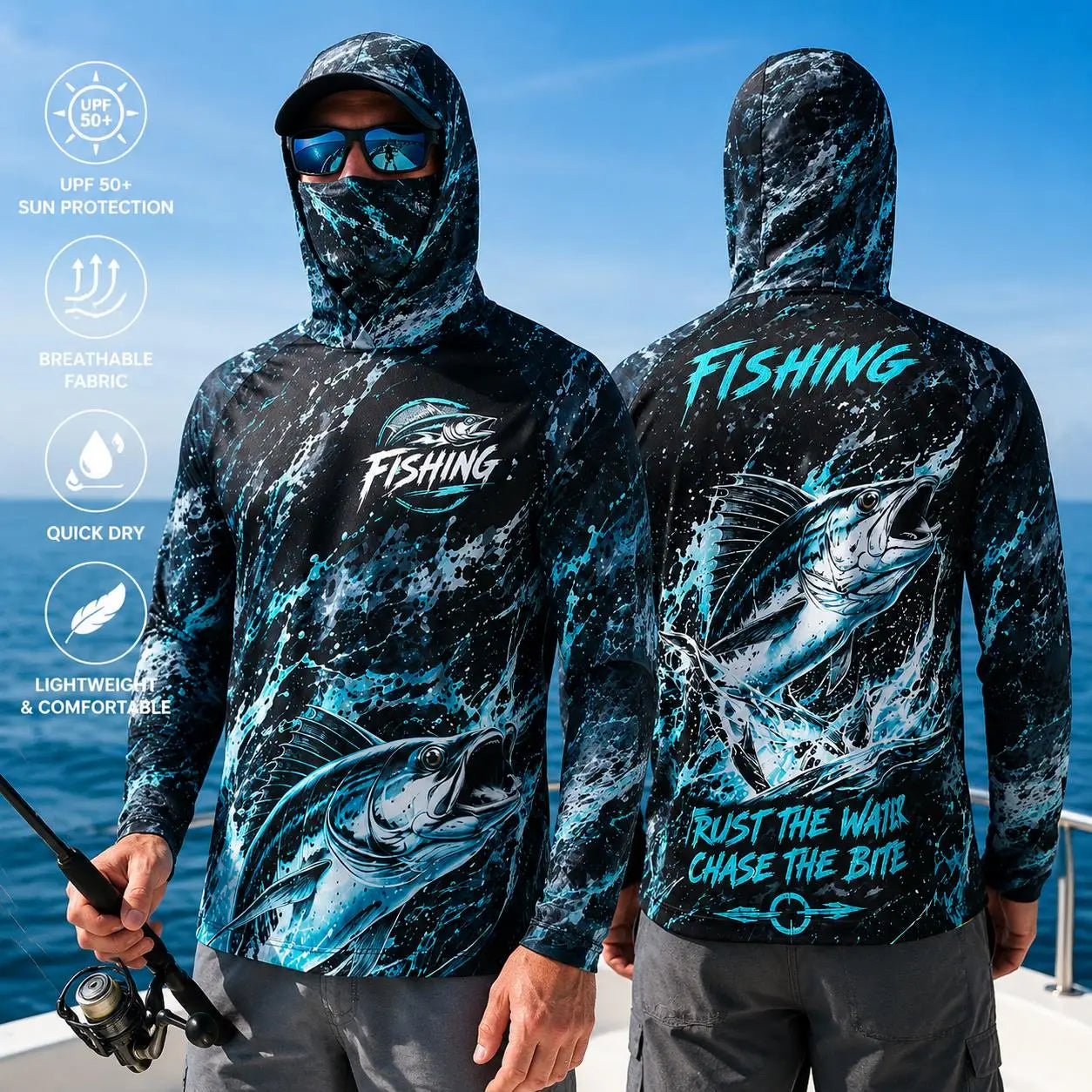 Men's Purple Camo Fishing Hoodie UPF 50 Sun Shirt Quick Dry Breathable Long Sleeve Outdoor Angling Jersey With Neck Gaiter