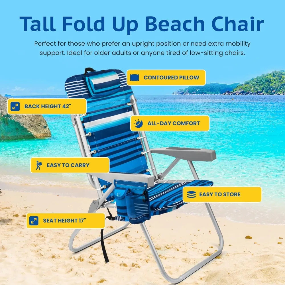 Folding Tall Backpack Beach Chair with 5 Positions, Towel bar, Cooler and Storage Pouch, Cup Holder and Phone Holder Customized