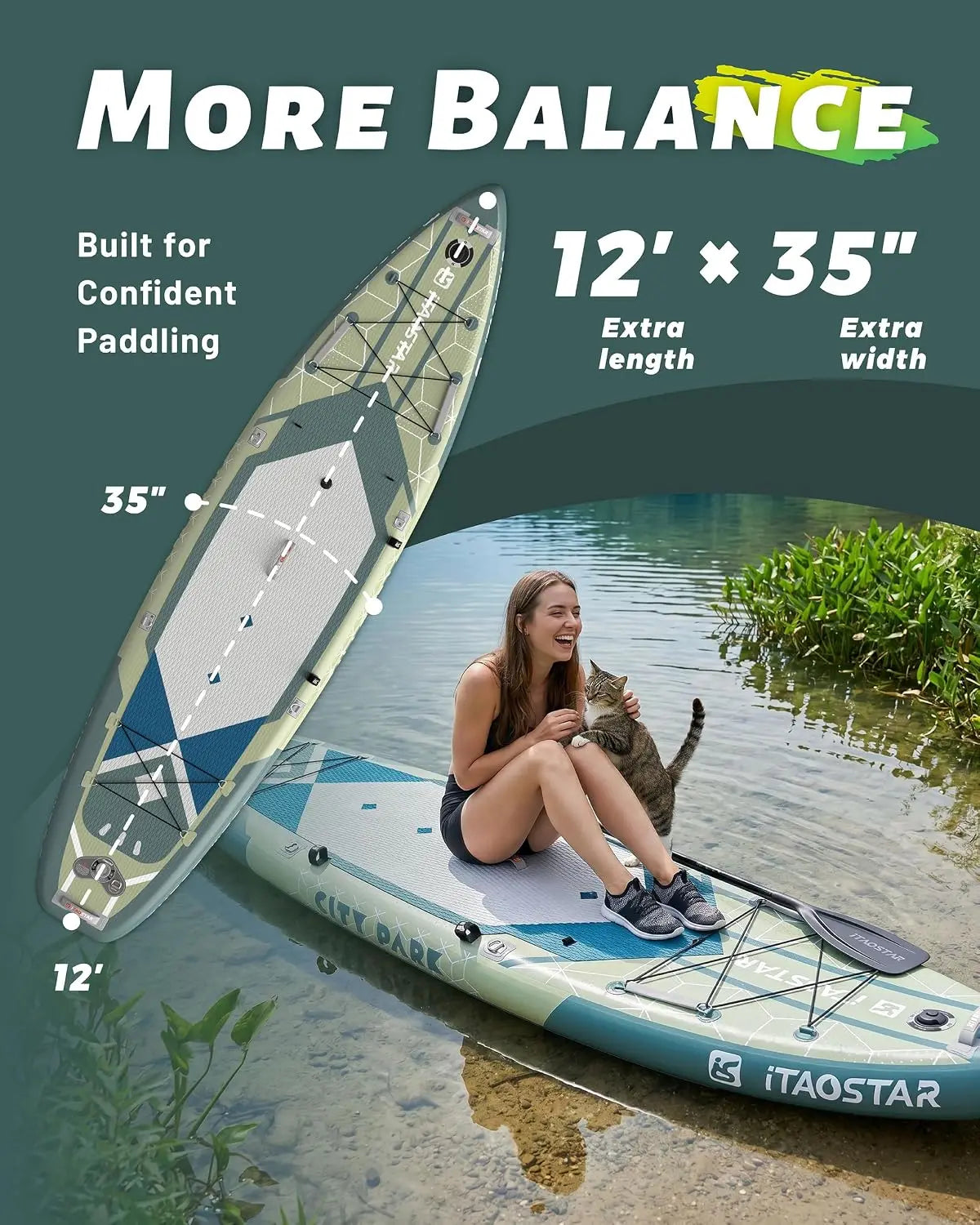 City Park 12'×35" Extra Wide Paddle Board with Seat, One-Stop Premium SUP Board Gears, Tailored 5 Fins, Stable Inflatable Stand
