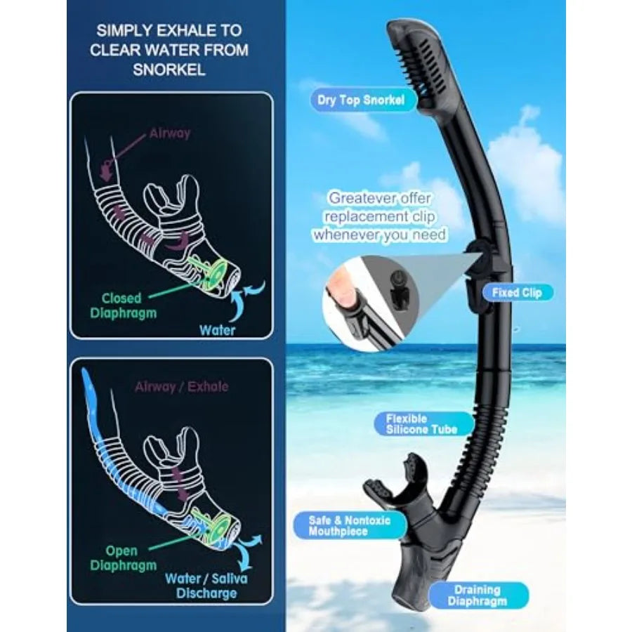 Dry Snorkel Set, Panoramic Wide View Anti-Fog Scuba Diving Mask, Professional Snorkeling Gear for Adults