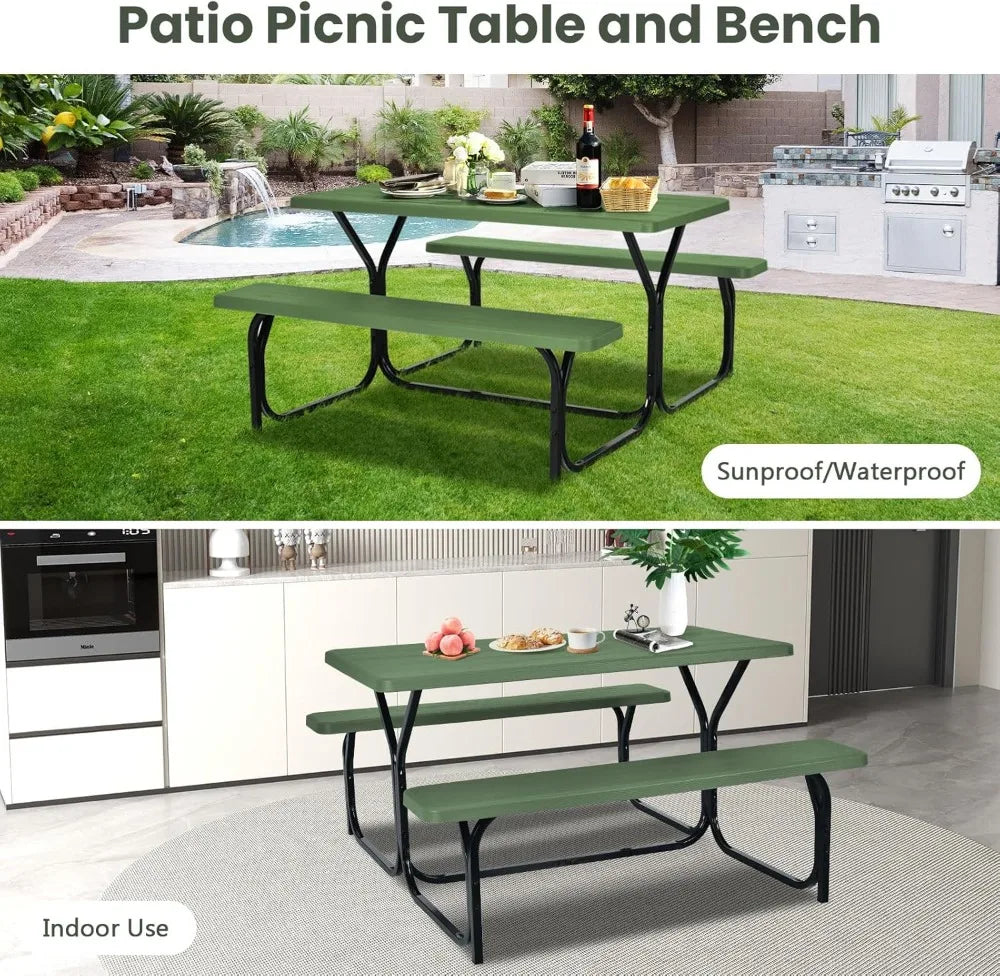 Portable Picnic Table Bench Set for 4, Heavy-Duty Steel Frame & Resin Top, All-Weather Outdoor Camping BBQ Garden Green