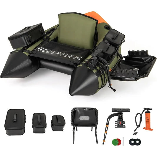 Fishing Float Tube, Inflatable Belly Boat with Fish Finder Holder, Rod Rack, Fish Ruler, Manual Pump & Detachable Storage