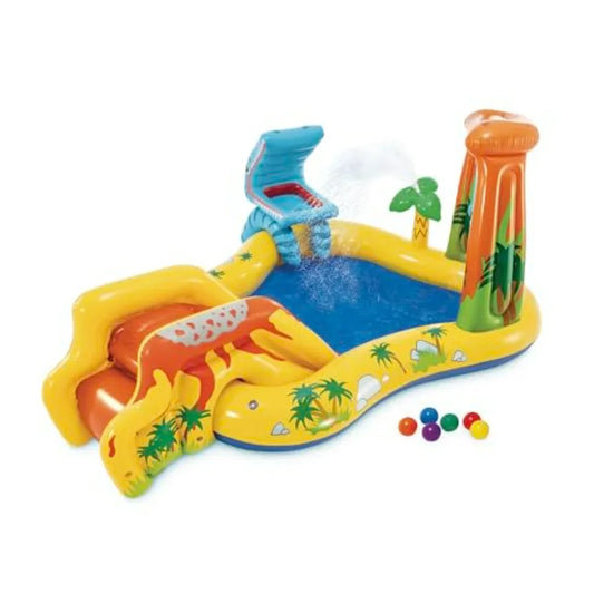 Inflatable Dinosaur Play Center Outdoor Playhouse Inflatable Water Park with Kid Pool Slide Water Sprayer Waterfall and 6 Balls