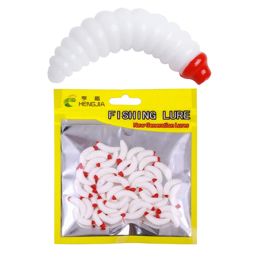 50Pcs 24mm Maggot Grub Soft Fishing Lure Smell Worms Fishing Lures Bionic Maggots Shape Bait for Freshwater Seawater