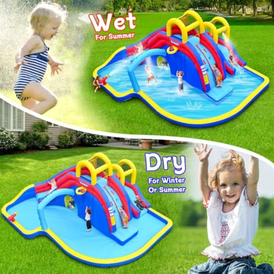 Inflatable Water Slide Bounce House with 650W Blower 2 Climbing Walls 2 Slides 2 Splash Pool Basketball Hoop Water Gun 216 x 19