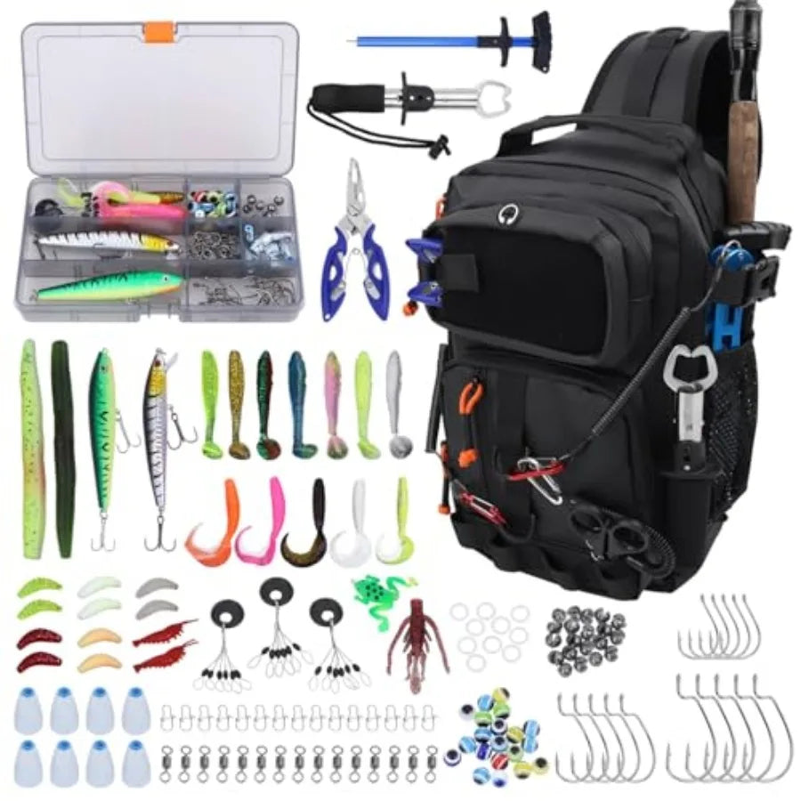 Fishing Backpack with Tackle Boxes, Waterproof Fishing Shoulder Bag with Rod Holder, Fish Bag with 136 Pcs Fishing Lures Kit, F