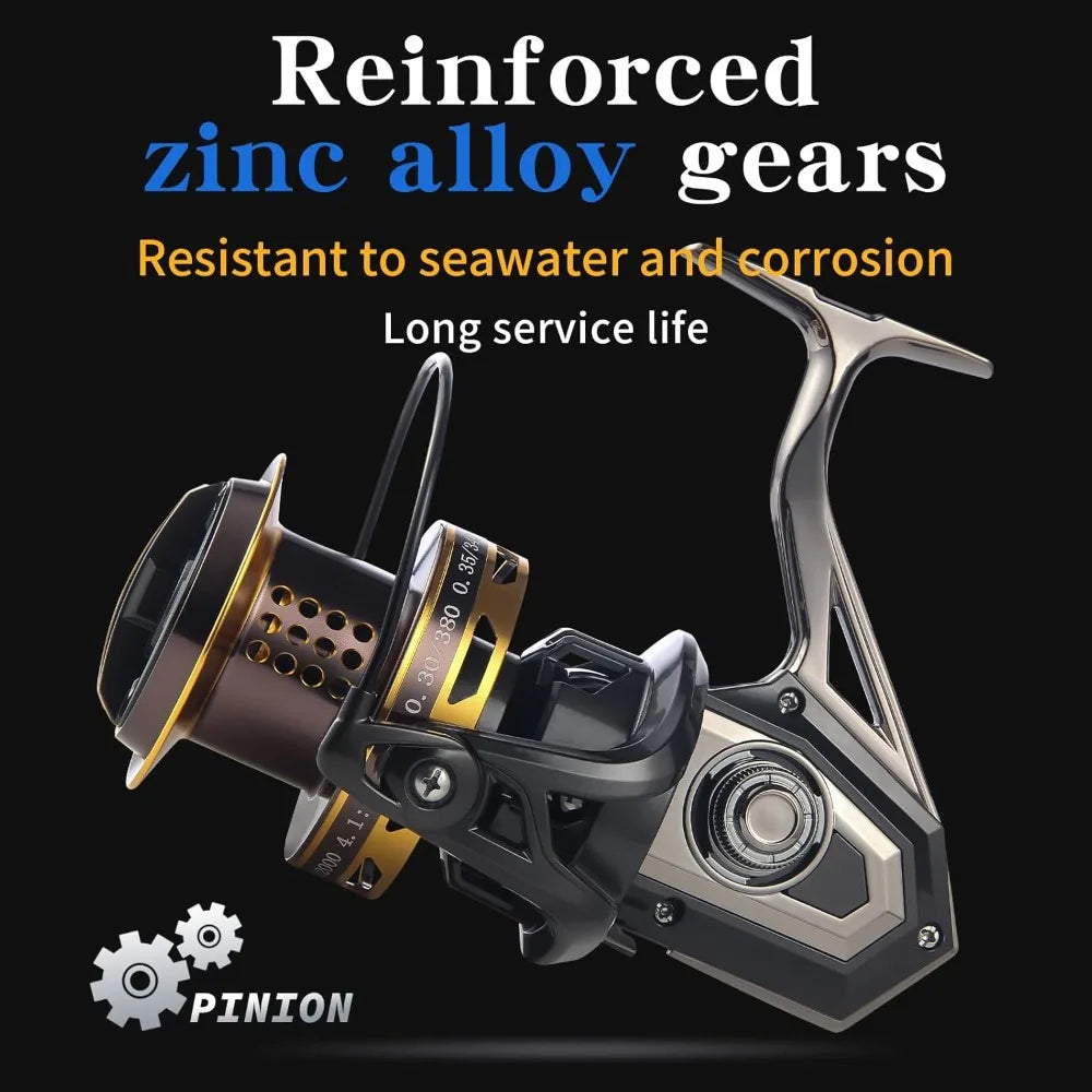 Big Game Surf Spinning Fishing Reel 8000/12000, 20KG Drag, Backlash-Free Bearings, Metal Reel Seat, Zinc Alloy Gear for Saltwater Fishing