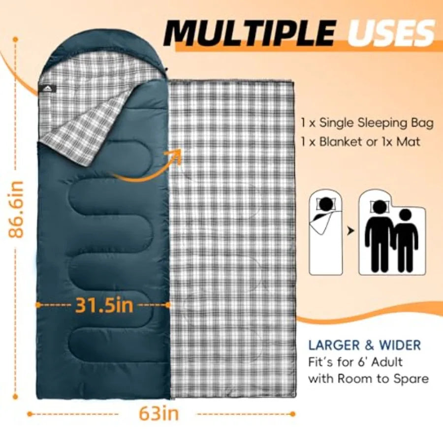 Flannel Sleeping Bag for Adults XL, Large Wide Sleeping Bags for Camping Mens Warm Cotton Sleeping Bag 4 Season Warm and Cool W