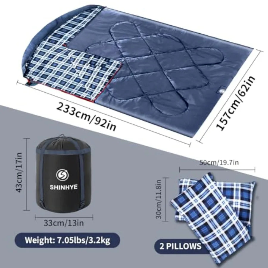 Double Sleeping Bag for Adults with 2 Pillows, Camping Sleeping Bags Flannel Cotton 2 Person Sleeping Bags XXL Queen Size Sleep