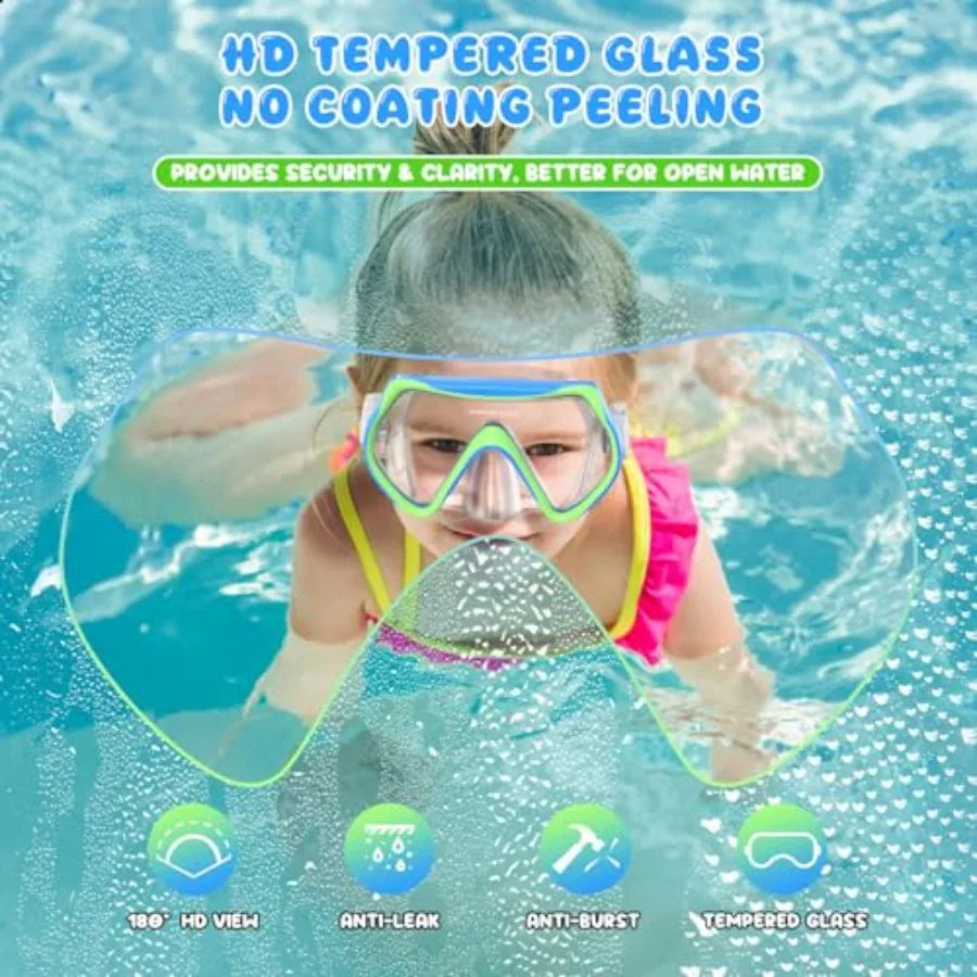 Snorkeling Gear for,Kid Mask Fins Dry Top Snorkel Set, Youth Boys Girls Junior Age 6-14 Swimming Diving Swim Fins, Tempered Gla