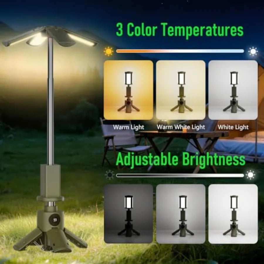 Telescopic Camping Lights with Stand, 14000mAh Rechargeable Camping Lantern with Display, Hook and IPX5 Waterproof, Outdoor Por