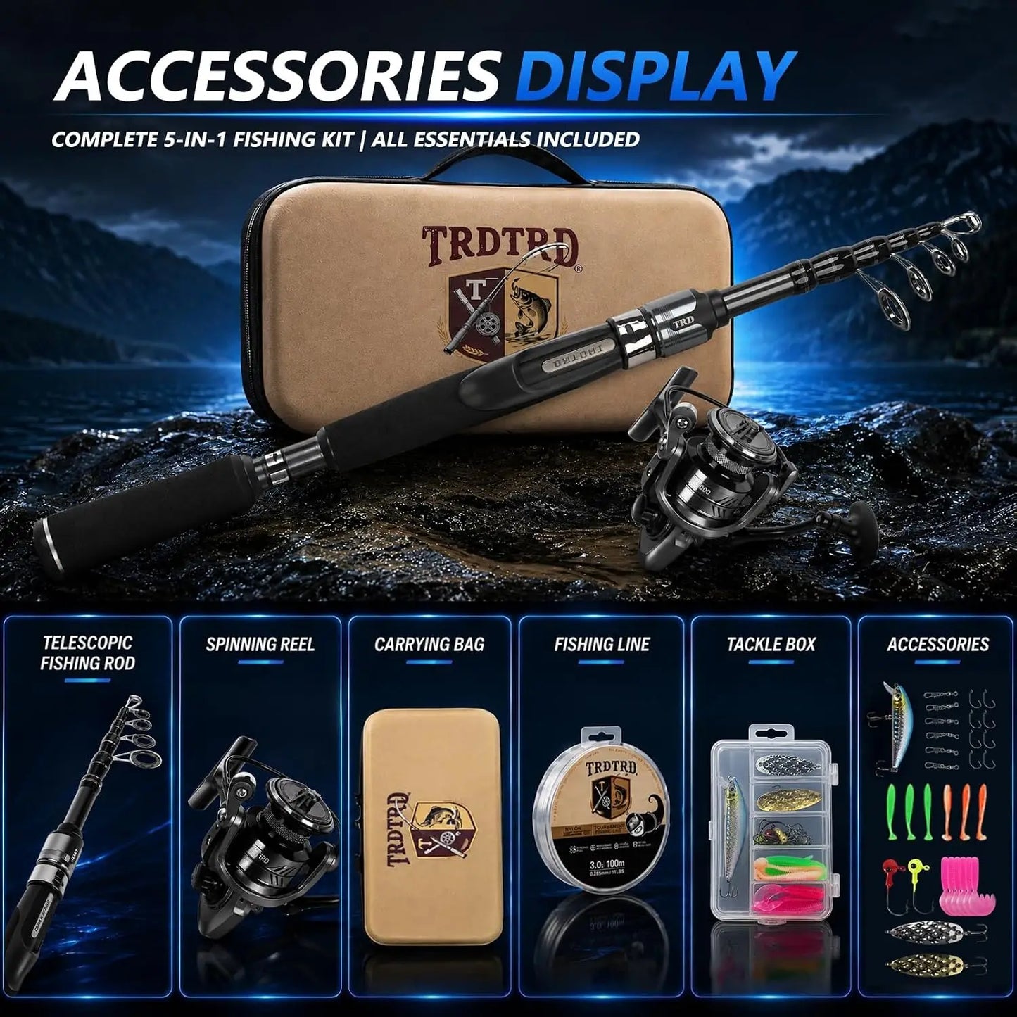 Telescopic Fishing Rod & Reel Combo Kit, Portable Travel Set with Tackle Box, Lures, Bag, 4.2oz Carbon Fiber, 5.2:1 Gear Ratio, Freshwater & Light Saltwater