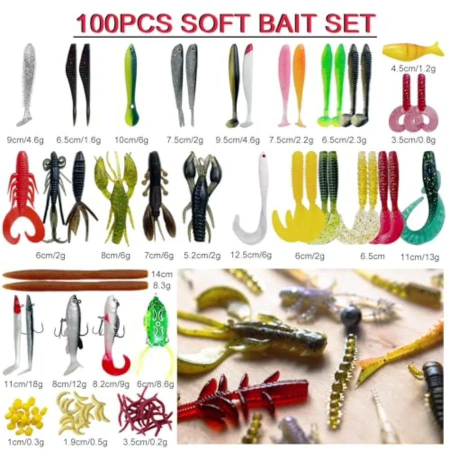 Fishing Lures Kit with Tackle Box Included Crankbait Minnow Spinnerbaits Spoons Soft Lures Jigs Hooks Bait Rigs Weights Sinkers