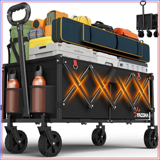 35" L Extra Long Foldable Wagon, 360LBS Heavy Duty Collapsible Utility Cart with Wheels for Groceries, Camping, Sports