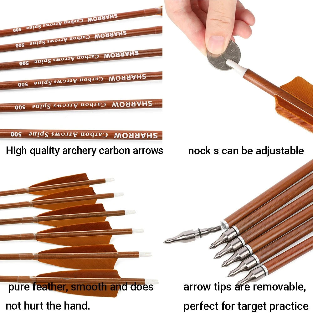 12pcs Archery Mixed Carbon Arrow Spine 500 31.5 Inch Archery ID6.2mm Shaft Turkey Feather Recurve Bow Target Hunting Shooting
