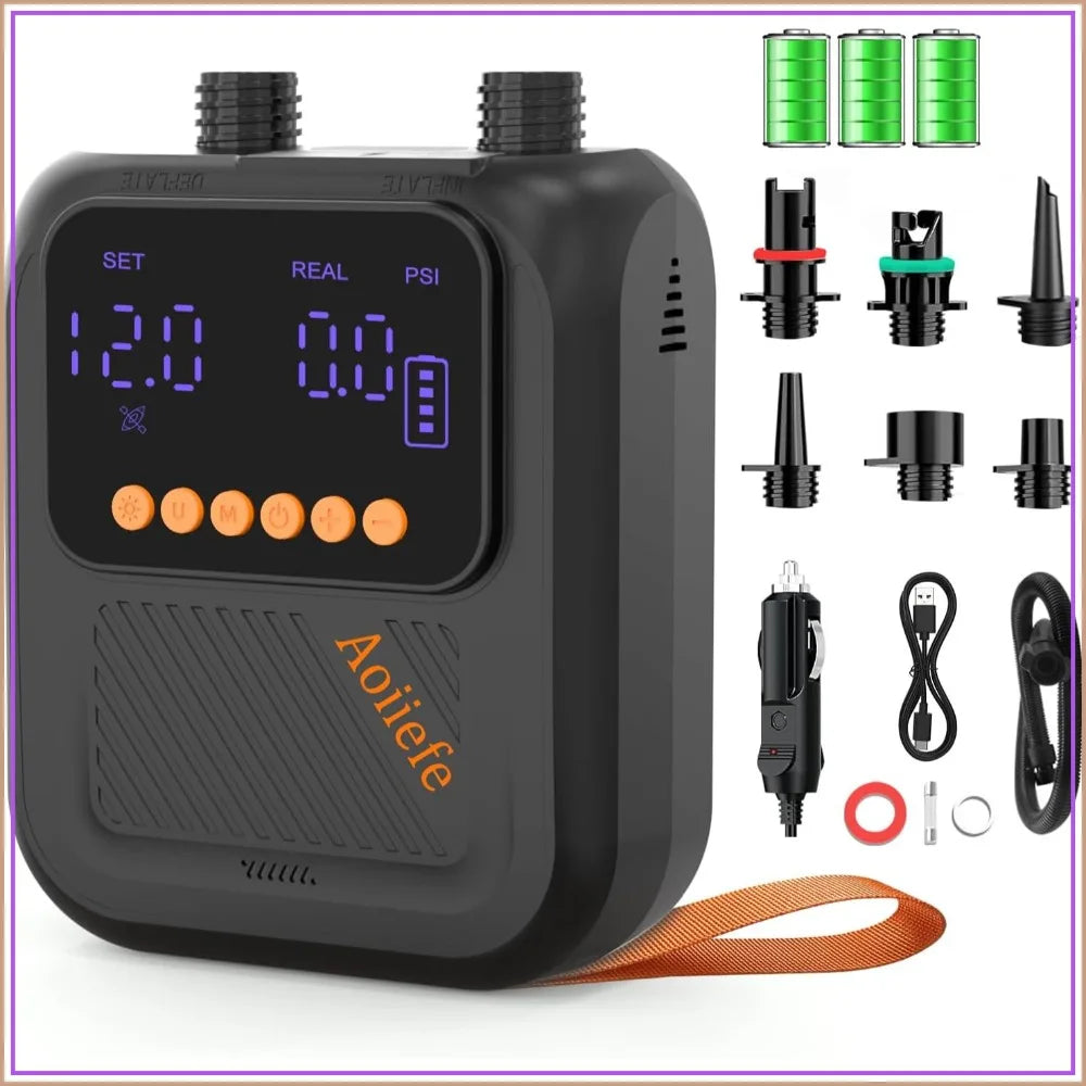 Portable Rechargeable SUP Pump, 20PSI, Auto-Off, Dual Stage, Fast Inflation & Deflation for Paddle Boards, Kayaks, Tents