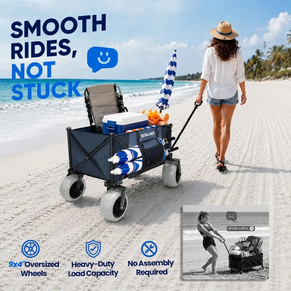 300L Heavy Duty Beach Wagon with Sand-Proof All-Terrain Wheels, Foldable Utility Cart for Camping & Sports (Navy Blue)