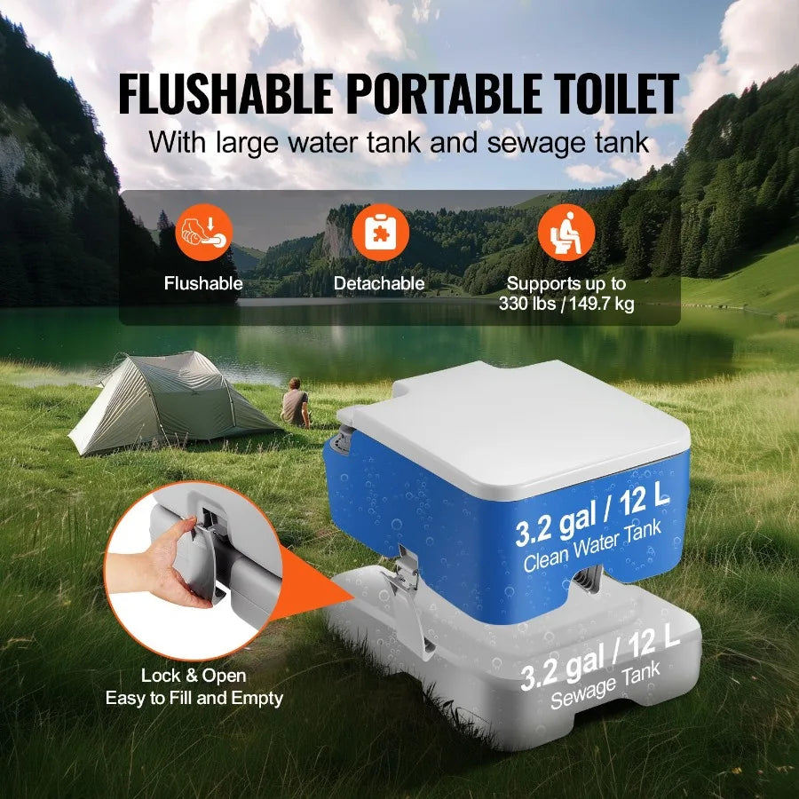 Portable Toilet for Camping with Carry Bag, RV Toilet with 3.2 Gal Waste Tank, Push-Button Pressurized Flush Commode, Leak-proo