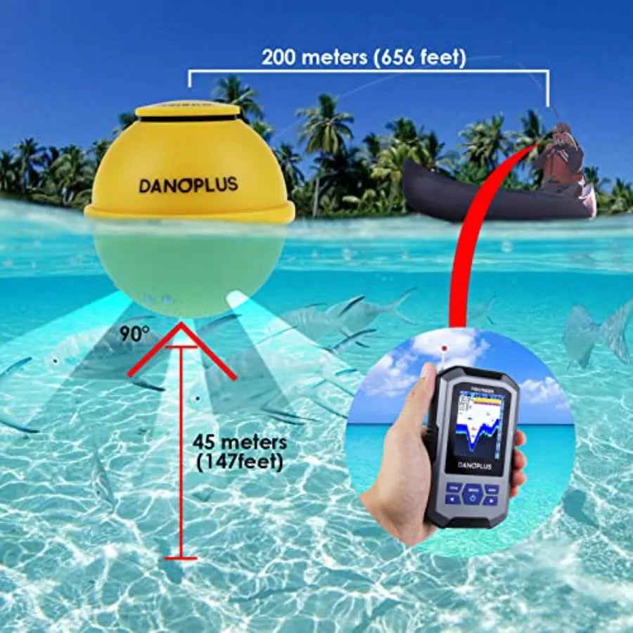 Portable fish finder for boats with large HD display, wireless castable design, 147 ft depth detection, rechargeable battery, d