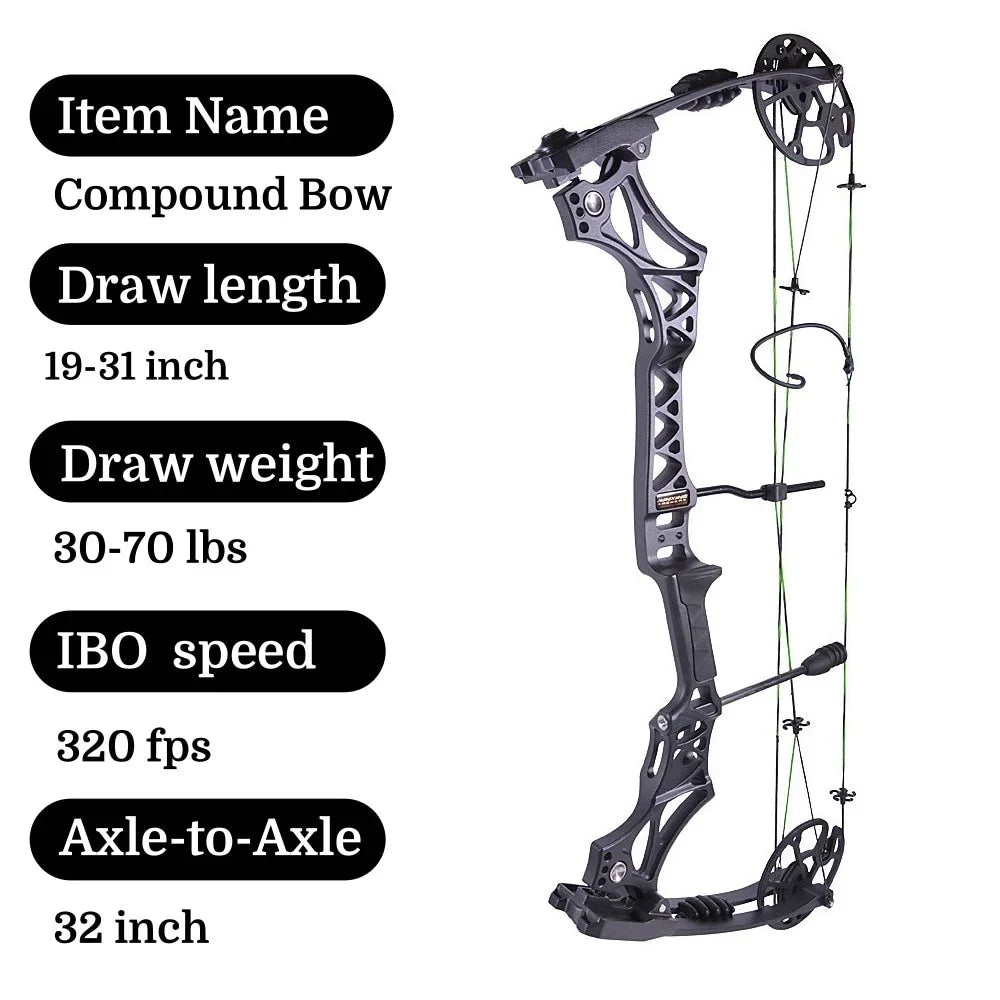 Adjustable Compound Bow 30-70lbs M129 320fps 80% Let-off Magnesium Alloy Riser for Adults Beginners Hunting Target Practice