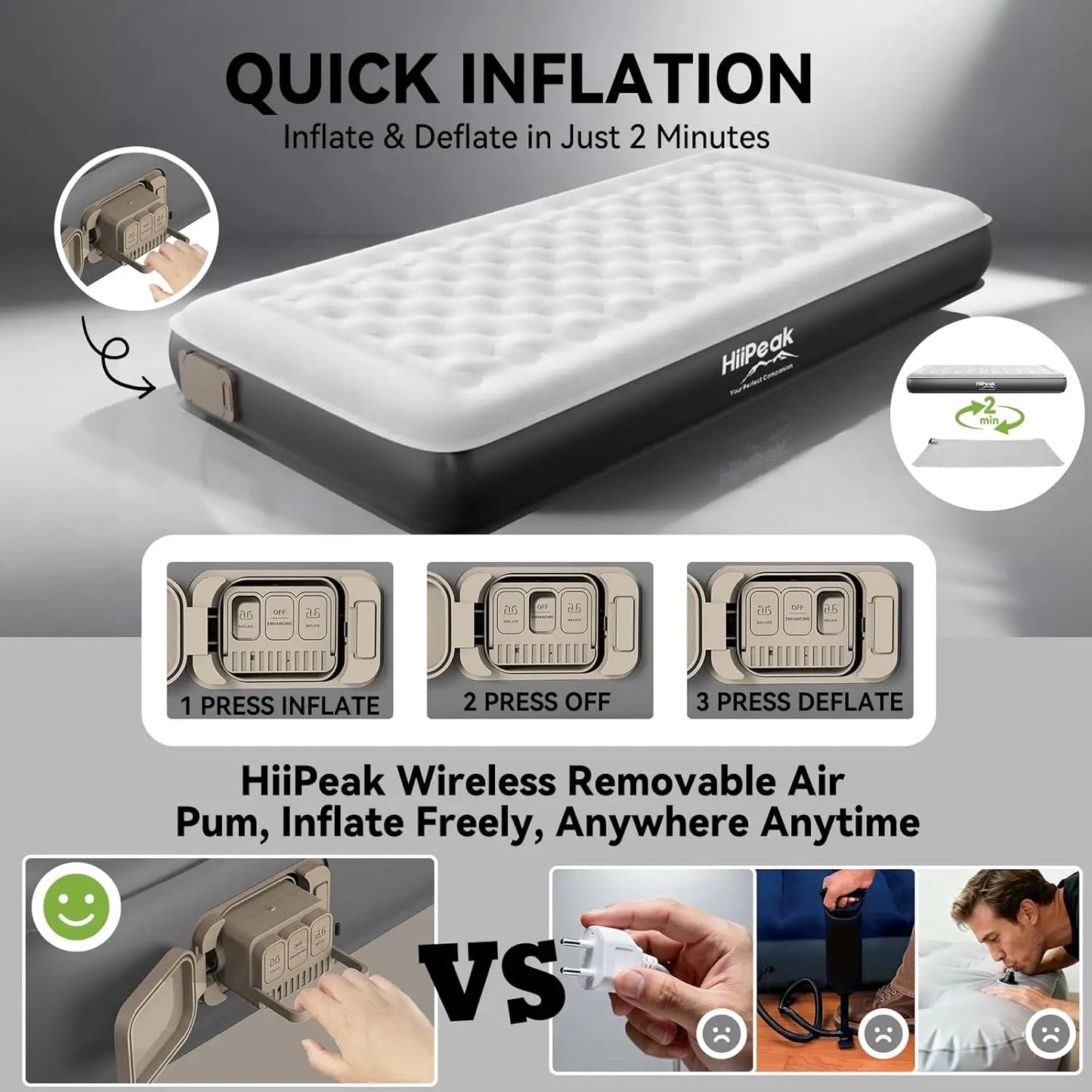 Twin Air Mattress with Wireless Pump, 2Min Self-Inflating 22cm TPU Camping Bed