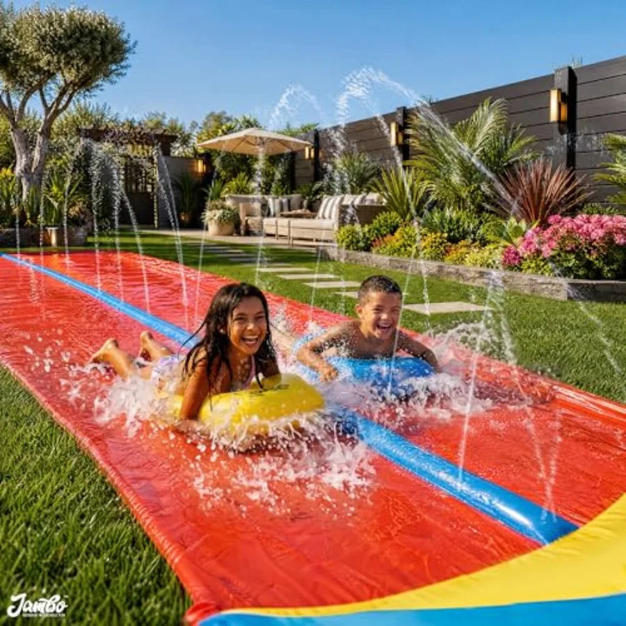 Backyard outdoor water fun: heavy duty inflatable water slide 31.5 ft extra long with 2 bodyboards, blue color, slip-resistant