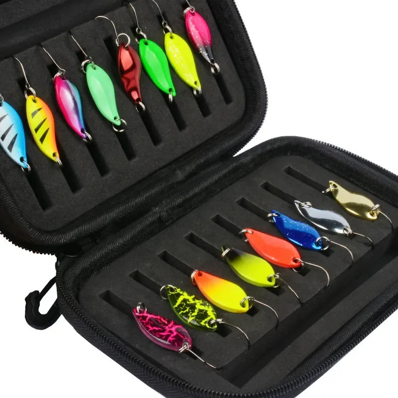 Fly Fishing Bait Rotating Spoon Bait with Foam Box Hard Fishing Accessory Bag Portable Bait Bag 16PCS