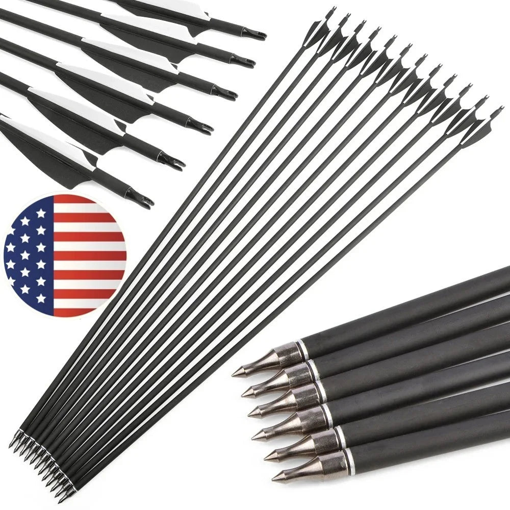 12pcs Archery Carbon Arrow SP500 Mixed Carbon 3 Inch Rubber Feather 100Grain Target Point for Compound Bow Shooting Hunting Acc