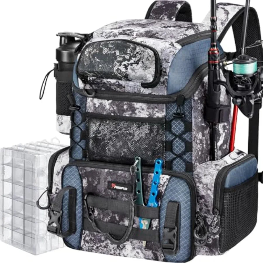 Fishing Tackle Backpack with Rod Holders and 4 Tackle Boxes, 42L Outdoor Fishing Bag with Waterproof Rain Cover