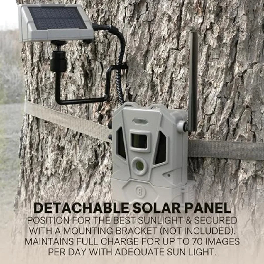Solar trail camera for hunting, rugged ABS plastic body in black, ultra-low glow infrared night vision with 20MP photos and 108